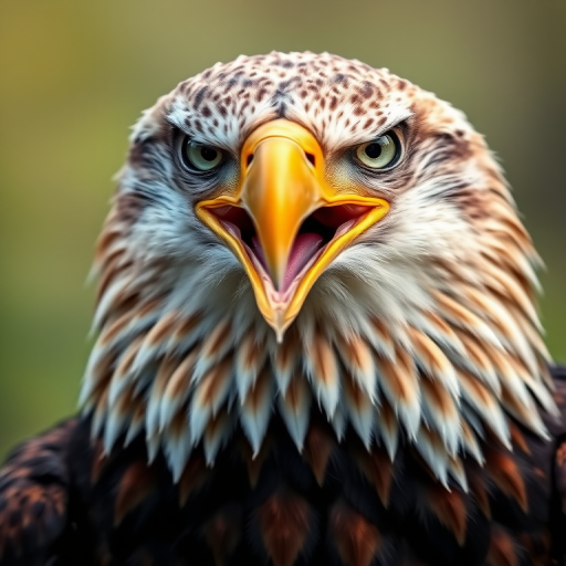 Create a detailed portrait of a majestic bald eagle with vibrant colors and intricate feather textures, using a Canon EOS 5D Mark IV with a 70-200mm lens, aperture set to f/2.8, ISO 100, natural lighting, and a shallow depth of field to emphasize the eagle's fierce expression against a soft, blurred background.