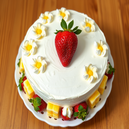 Create an image of a beautifully decorated cake with a white frosting base topped with whipped cream flowers and small yellow sponge cakes. Place fresh strawberries around the base and on top, ensuring one large strawberry is prominently featured in the center. The cake should be presented on a decorative white plate against a simple wooden table background.