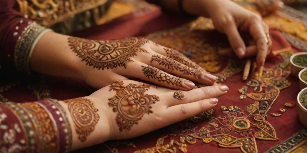 Close-up of a woman’s hands delicately applying henna to a friend’s hand, surrounded by intricate patterns and warm colors, showcasing the beauty of the art.