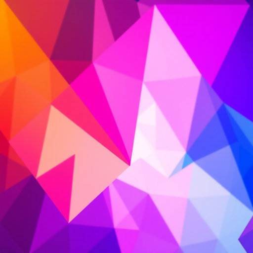 create a vibrant geometric abstract background with a blend of orange, pink, blue, and purple colors featuring sharp, angular shapes and gradients, captured with a Canon EOS R5, 50mm lens, f/1.8, ISO 100, in a soft focus style for enhanced color depth and clarity