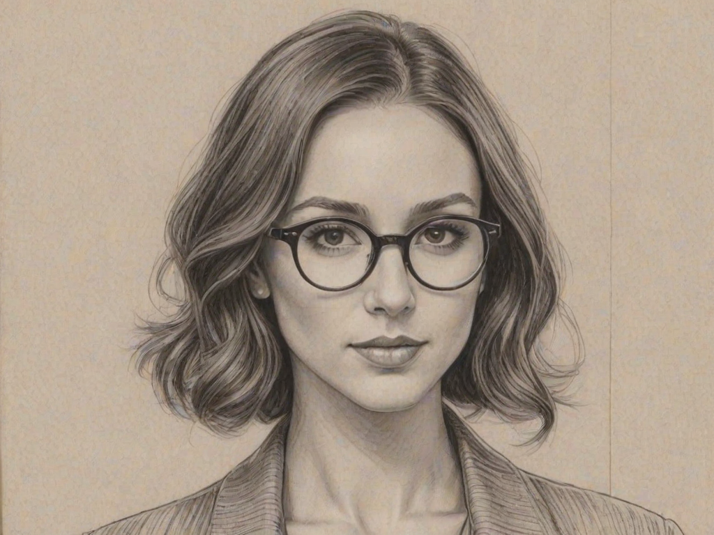 Alluring Troian Bellisario, pencil sketch, portrait of Ravishing woman 1929s in glasses, hair style beatnik, outline, clear lines, fine lines, 8k