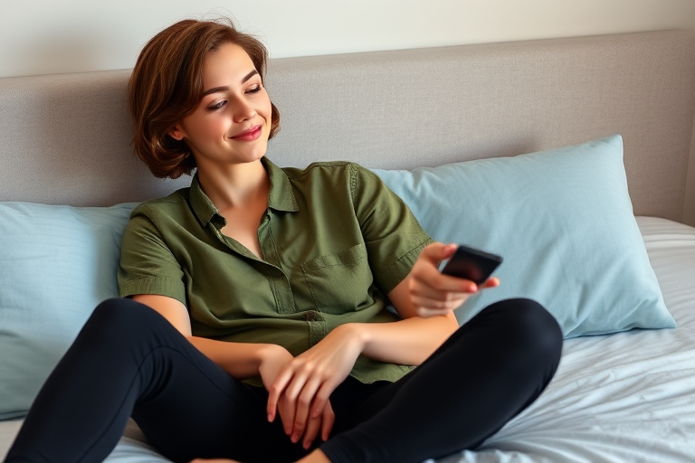 A young woman with short brown hair sitting on a bed with a light blue pillow, wearing a green shirt and black pants, with a relaxed expression while holding a remote control, shot with a DSLR camera at f/2.8 aperture, 50mm lens, natural lighting, and in portrait orientation.