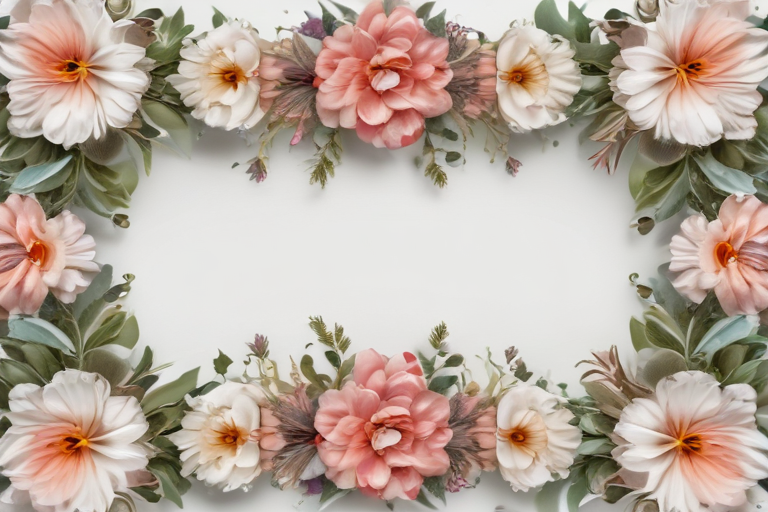 Elegant Floral Frame Featuring Soft Pastel Blooms and Lush Greenery Accents