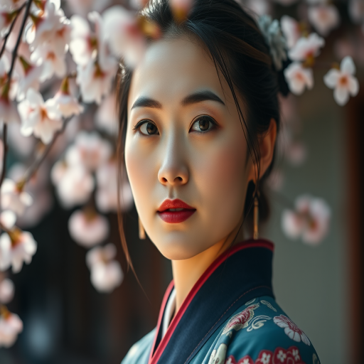 portrait of an Asian woman in traditional clothing with cherry blossoms in the background, soft focus, natural lighting, camera settings: f/2.8, 1/200s, ISO 100, camera view: close-up, camera style: portrait, camera type: DSLR