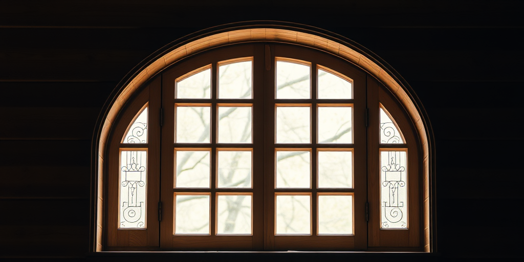 Generate a high-resolution image of an arched wooden window with sixpanes and a decorative grid, soft lighting, 50mm lens, f/4 aperture, ISO 100, with a slight vignette effect for depth.