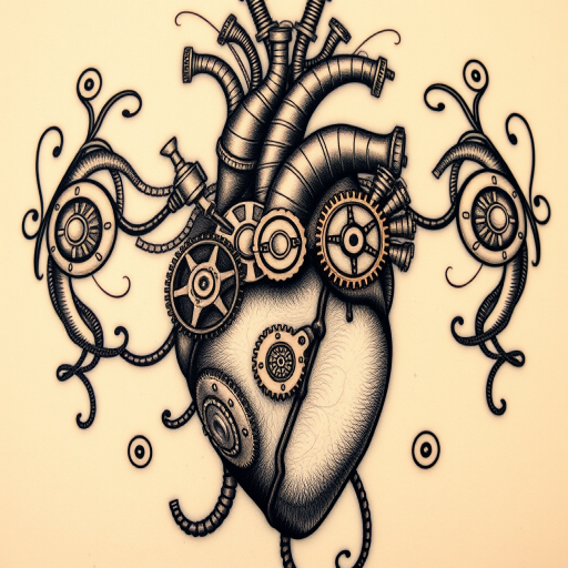 Steampunk-inspired mechanical heart tattoo with intricate gears, valves, and pipes, combining Victorian aesthetics with futuristic elements for a unique fusion of styles
