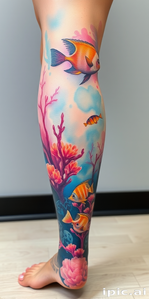 Ethereal watercolor tattoo covering the entire leg featuring a dreamy underwater scene with vibrant coral reefs and tropical fish in soft pastel hues