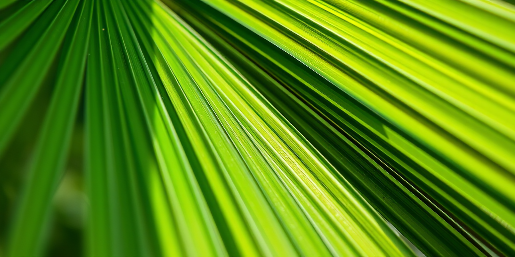 close-up of a green palm leaf with intricate details, natural light backdrop, DSLR camera, aperture f/2.8, shutter speed 1/200s, ISO 200, macro lens, shallow depth of field, vibrant colors