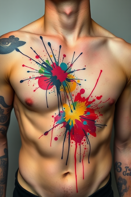 Abstract expressionist splatter tattoo across ribcage, dynamic bursts of color reminiscent of Jackson Pollock, energetic and spontaneous appearance