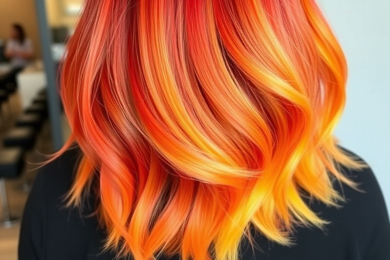 Fierce Flame Ombre demonstrating a gradual transition from fiery red roots to brilliant orange mid-lengths and sunny yellow tips, styled in sleek, straight layers