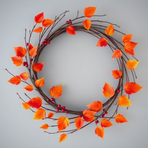 Wreath made of twigs with vibrant orange and red autumn leaves and red berries, photographed with a Canon EOS R, 50mm lens, f/2.8 aperture, ISO 100, soft natural lighting, top-down view, high resolution.
