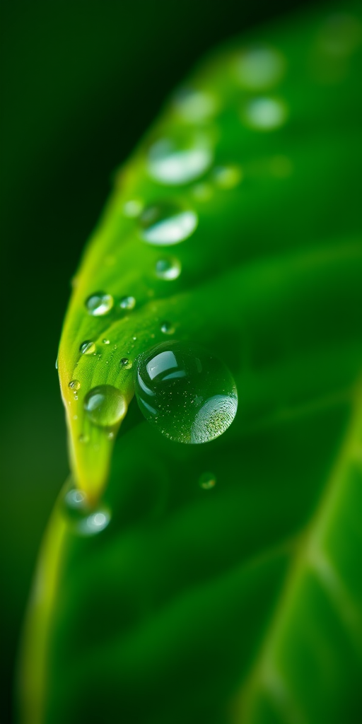 macro shot of a green leaf with water droplets, shallow depth of field, f/2.8, 100mm lens, ISO 200, natural light, Canon 5D Mark IV
