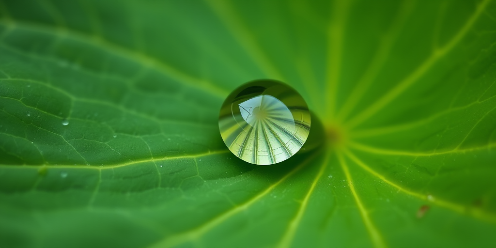 macro shot of a single water droplet on a green lotus leaf with intricate vein details, using a DSLR camera with a 100mm macro lens, aperture f/2.8, ISO 100, shutter speed 1/250 sec, natural lighting, focus on the droplet to enhance detail and clarity.