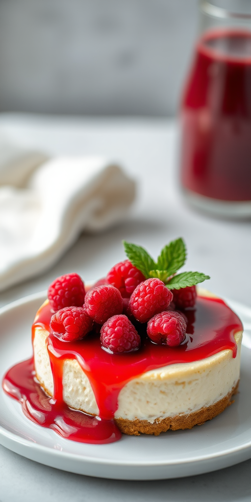 Photograph a creamy cheesecake topped with fresh raspberries and a glossy red raspberry sauce, using a 50mm lens, f/1.8 aperture, ISO 100, natural light, and a shallow depth of field for a soft background blur, tabletop view, with a focus on the texture and details of the cheesecake and raspberries.