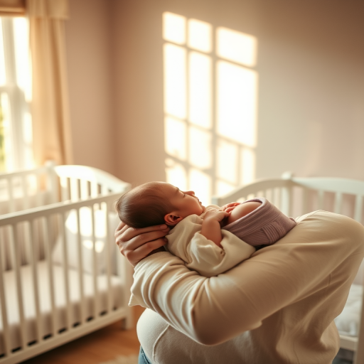 Warm, softly lit image of a mother cradling her newborn baby in a sunlit nursery, soft shadows from the crib cast on the walls, the smell of baby powder lingering in the air, a peaceful smile on the motheres face, the baby asleep in her arms.