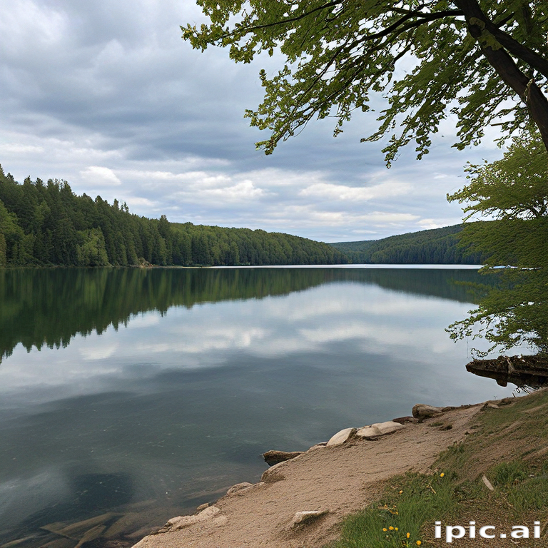Tranquil Lake Surrounded by Lush Green Forest Under a Cloudy Sky
