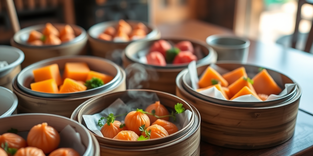 A beautifully arranged dim sum feast featuring vibrant orange and red dishes in bamboo steamers with green herbs, captured in natural light using a Canon EOS R5 at f/2.8, ISO 200, 1/125s, with a shallow depth of field for a soft background blur.