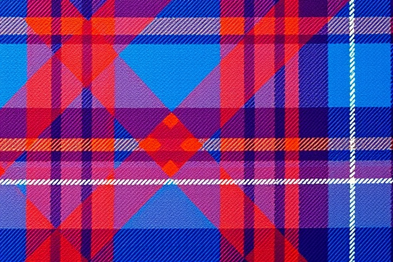 Create a vibrant plaid pattern with blue, orange, and purple colors, captured with a DSLR camera at ISO 100, aperture f/8, and a focal length of 50mm, in a top-down view, using a macro lens to emphasize texture and detail.