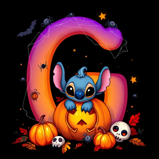 A whimsical and vibrant Halloween-themed digital illustration featuring the letter "G" adorned with spider webs, small bats, and cute spiders. At the base of the letter, a playful alien character similar to Stitch is peeking out from inside a carved pumpkin with glowing eyes, surrounded by additional pumpkins, a small skull, and autumn leaves. The letter is gradient-colored from orange to purple, adding a magical atmosphere to the scene, black background