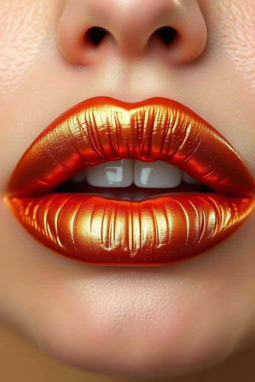 Metallic copper lips with a foiled texture, titled "Penny Gleam," exhibit a warm, autumn-inspired hue and unique light-reflecting properties