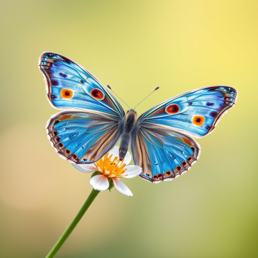 Generate an image of a butterfly perched on a delicate flower. The butterfly should have vibrant blue wings with orange spots, showcasing intricate patterns. The background should be softly blurred to emphasize the butterfly and the flower, creating a serene and natural atmosphere.