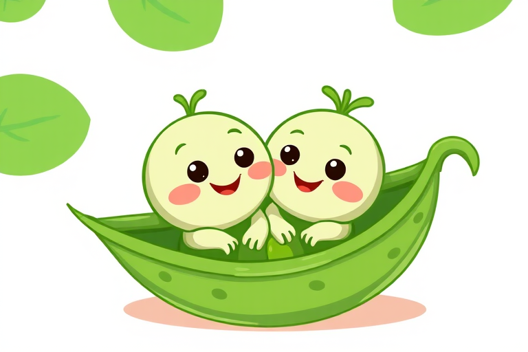 Create a whimsical illustration of two cartoon peas with cheerful expressions nestled in a green pod, using a bright color palette, with a digital art style, 4K resolution, f-stop 2.8, ISO 100, and a focus on vibrant details and smooth gradients.