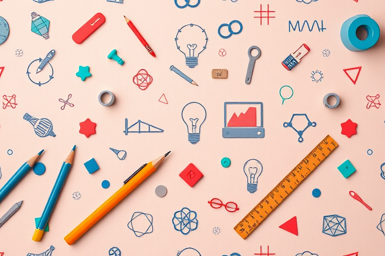 Pattern design featuring scientific and artistic symbols such as pencils, rulers, light bulbs, and geometric shapes on a textured pastel background, taken with a DSLR camera at f/8, 1/125s, ISO 200, using a wide-angle lens to capture a flat lay view with vibrant colors and sharp details.