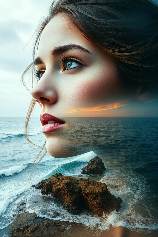 this picture is Book cover, A surreal double exposure portrait that blends a woman's face with a beautiful seascape. The overall mood is dreamy and mystical, with rich colors and intricate details