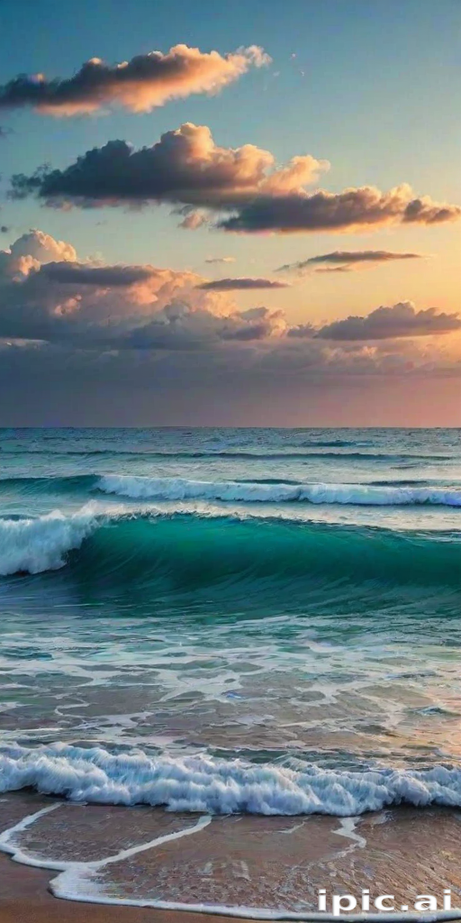 Tranquil Sunset Over Gentle Ocean Waves with Fluffy Clouds Above