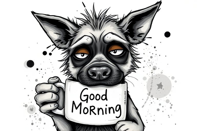 A quirky, artistic illustration of a disheveled bull arab dog breed with exaggerated, large eyes and spiky fur, holding a coffee mug that reads "Good Morning". The dog has a tired but humorous expression, with ink splatters and abstract details surrounding it, giving a whimsical feel to the image. The color palette is mostly monochrome with hints of white in the eyes and steam rising from the mug, enhancing the overall sleepy vibe