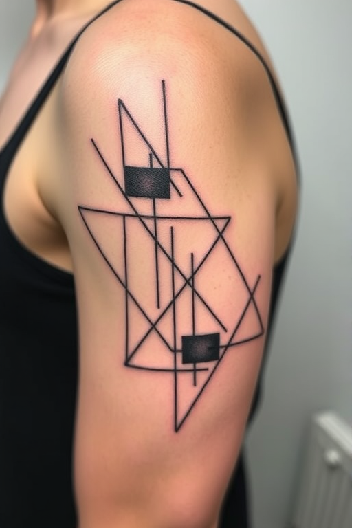 Abstract geometric tattoo featuring interconnected shapes and lines in varying thicknesses, creating a modern and dynamic composition that flows with the contours of the bicep