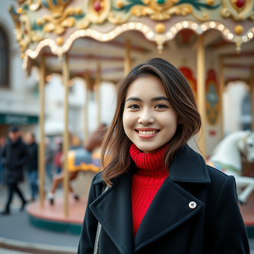 portrait of a young woman in a stylish black coat and red sweater smiling in front of a carousel, soft background blur, camera settings: f/2.8, ISO 100, shutter speed 1/200s, camera view: eye level, camera style: natural light, camera type: DSLR