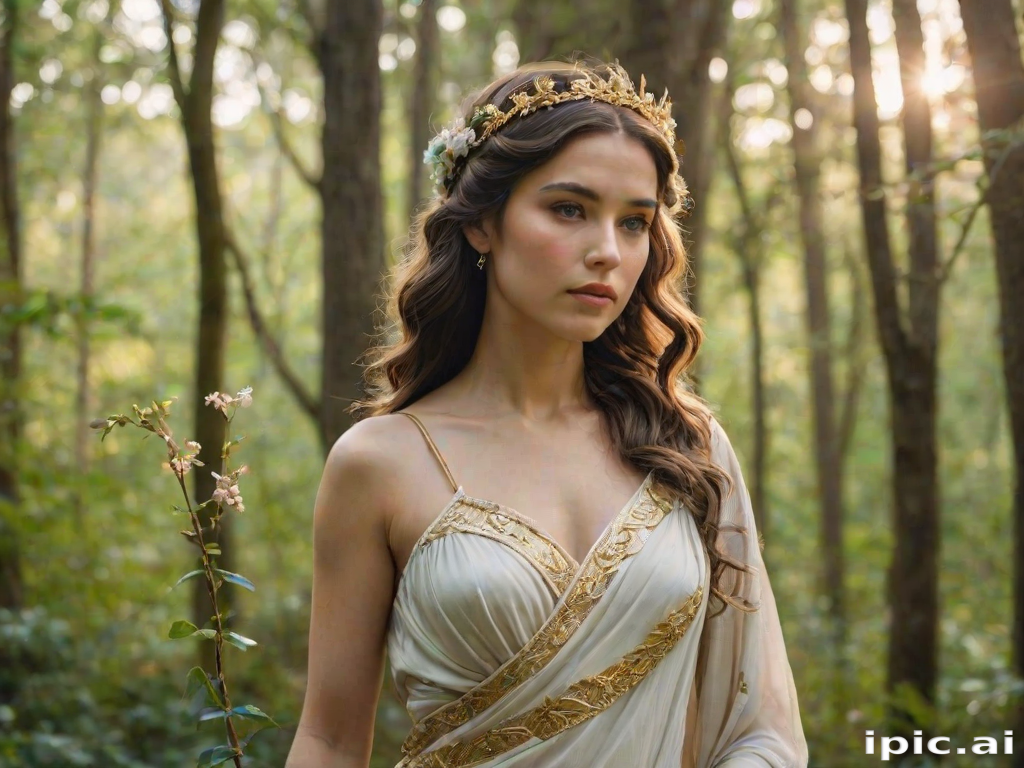 Create a portrait of a goddess-like female figure in a tranquil, forested environment. She has an elegant appearance with long, wavy hair styled in an updo and adorned with a delicate, floral headband. She wears a flowing, ancient Greek-inspired gown in a soft, pale color, featuring a one-shoulder design and draped fabric that accentuates her graceful form. The outfit includes a decorative belt with ornate gold detailing, and she holds a bow in her hand, with a quiver of arrows slung over her shoulder. The background depicts lush greenery, with sunlight filtering through the trees, casting a gentle, ethereal light on the scene. Her expression is calm and contemplative, embodying a sense of wisdom and serenity.