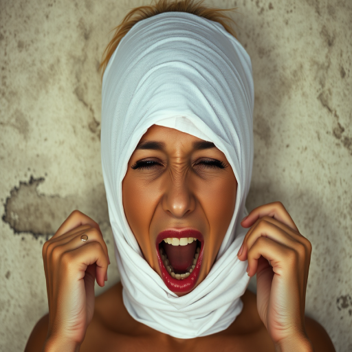 Create a close-up photographic image of a Creole woman with light skin tones shown against an old, worn wall. Their head is wrapped in a white cloth covering (i.e.... parts of the head except the nose and mouth, which are open as if they are screaming...), with a slight texture and visible folds in the fabric. Thin strands of blonde hair escape from the wrapping above, falling lightly at the top and sides. Their hands hold the fabric as if they are tugging nervously. The lighting is dramatic and even, casting strong shadows. The image has a minimalist and surreal style with an emphasis on simplicity with soft color tones. The composition is centered.
