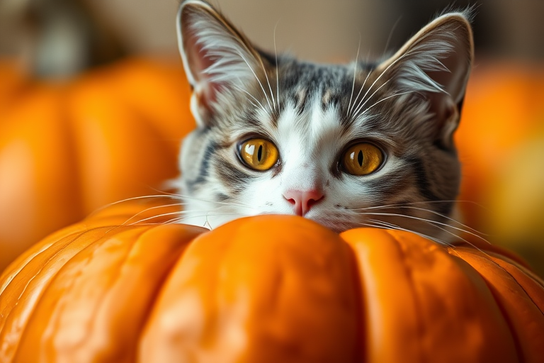 A gray and white cat with bright orange eyes peeking over the edge of a textured pumpkin, captured in a shallow depth of field with a 50mm lens at f/1.8, ISO 100, and a soft focus background, using a DSLR camera to enhance image quality.