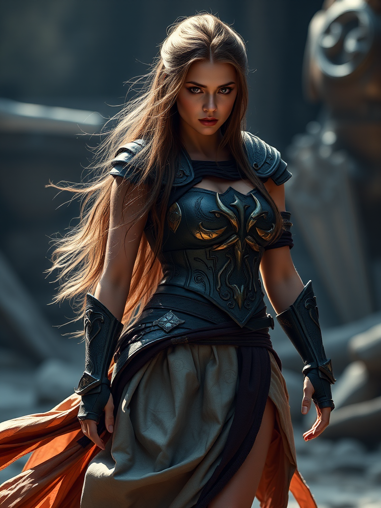 Create an image of a female warrior character with long hair, wearing a detailed armor top and a flowing skirt, standing confidently in a dramatic pose, captured in 85mm lens, f/1.8 aperture, ISO 100, with soft backlighting to enhance the subject's features and a shallow depth of field for a cinematic effect.