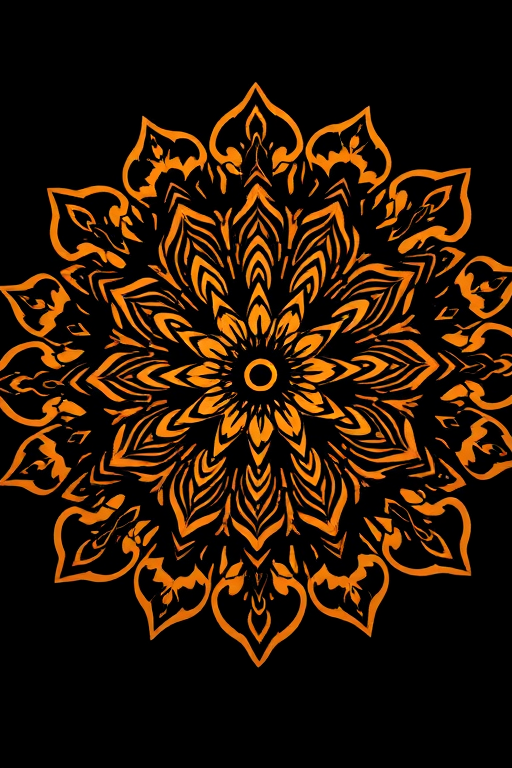 create a detailed mandala pattern with intricate floral designs on a black background, shot with a DSLR camera at f/8 aperture, ISO 100, 50mm lens in macro view for enhanced sharpness and texture, using a warm color palette for subtle highlights.