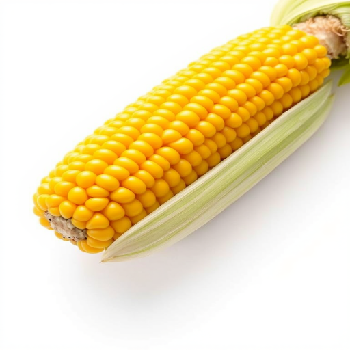 a detailed and realistic depiction of a fresh corn on the cob with bright yellow kernels, partially husked, set against a plain white background