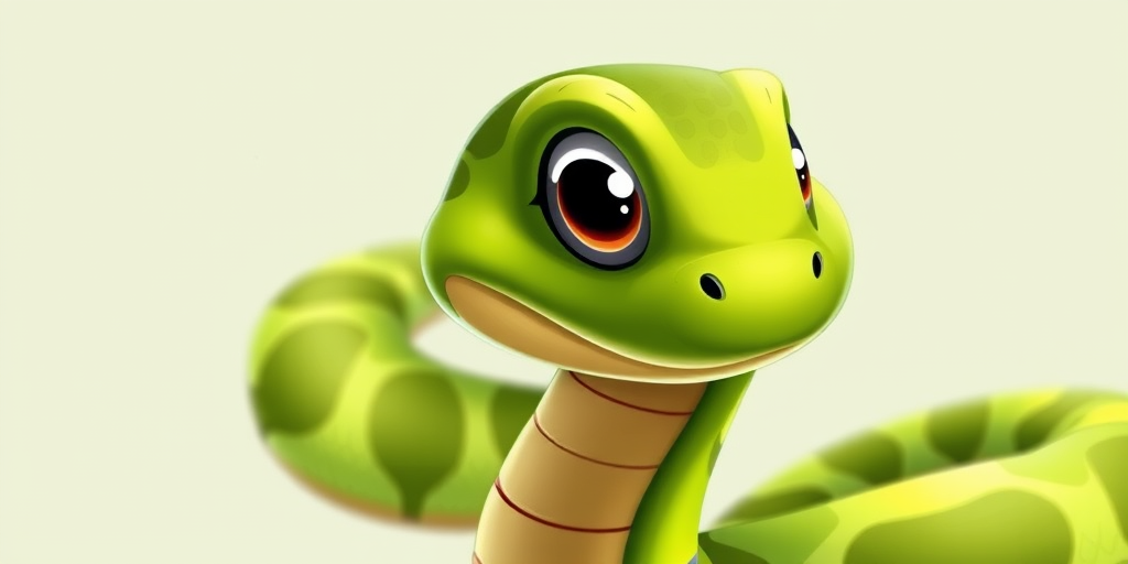 Create a detailed cartoon illustration of a green snake with a camouflage pattern, featuring a friendly expression, in a bright and vibrant style, using a Canon EOS R5 with a 50mm lens, aperture set to f/2.8, ISO 100, and soft diffused lighting for enhanced color contrast.