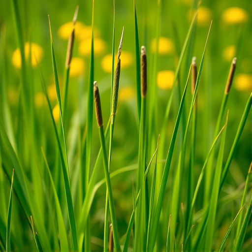 Capture a close-up of lush green grass with tall, slender stems and soft-focus yellow wildflowers in the background, using a DSLR camera with a 50mm lens, aperture f/2.8, shutter speed 1/500s, ISO 200, in natural light.