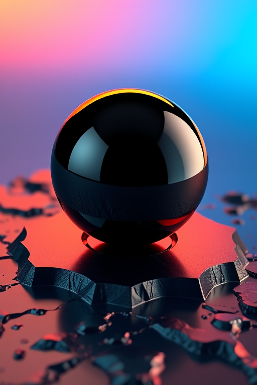 Generate a high-resolution 3D rendering of a black metallic sphere placed on a jagged, reflective surface with a blue and orange gradient lighting, using a Canon EOS R5 camera with a 50mm lens, aperture f/8, ISO 100, shutter speed 1/125s, wide-angle view for enhanced depth and detail.