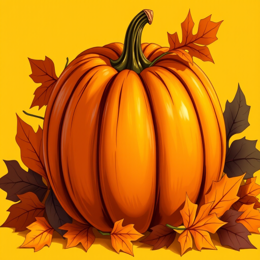 Create a vibrant illustration of a carved pumpkin with detailed shading, surrounded by autumn leaves, with a yellow background, using a DSLR camera, f/5.6 aperture, 1/125 sec shutter speed, ISO 200, 50mm lens, natural lighting.