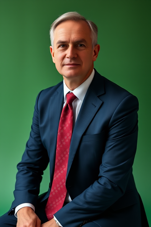 portrait of a middle-aged man in a navy suit with a maroon tie sitting confidently against a plain green background, natural light, aperture f/2.8, shutter speed 1/125s, ISO 200, 85mm lens, soft focus, DSLR camera