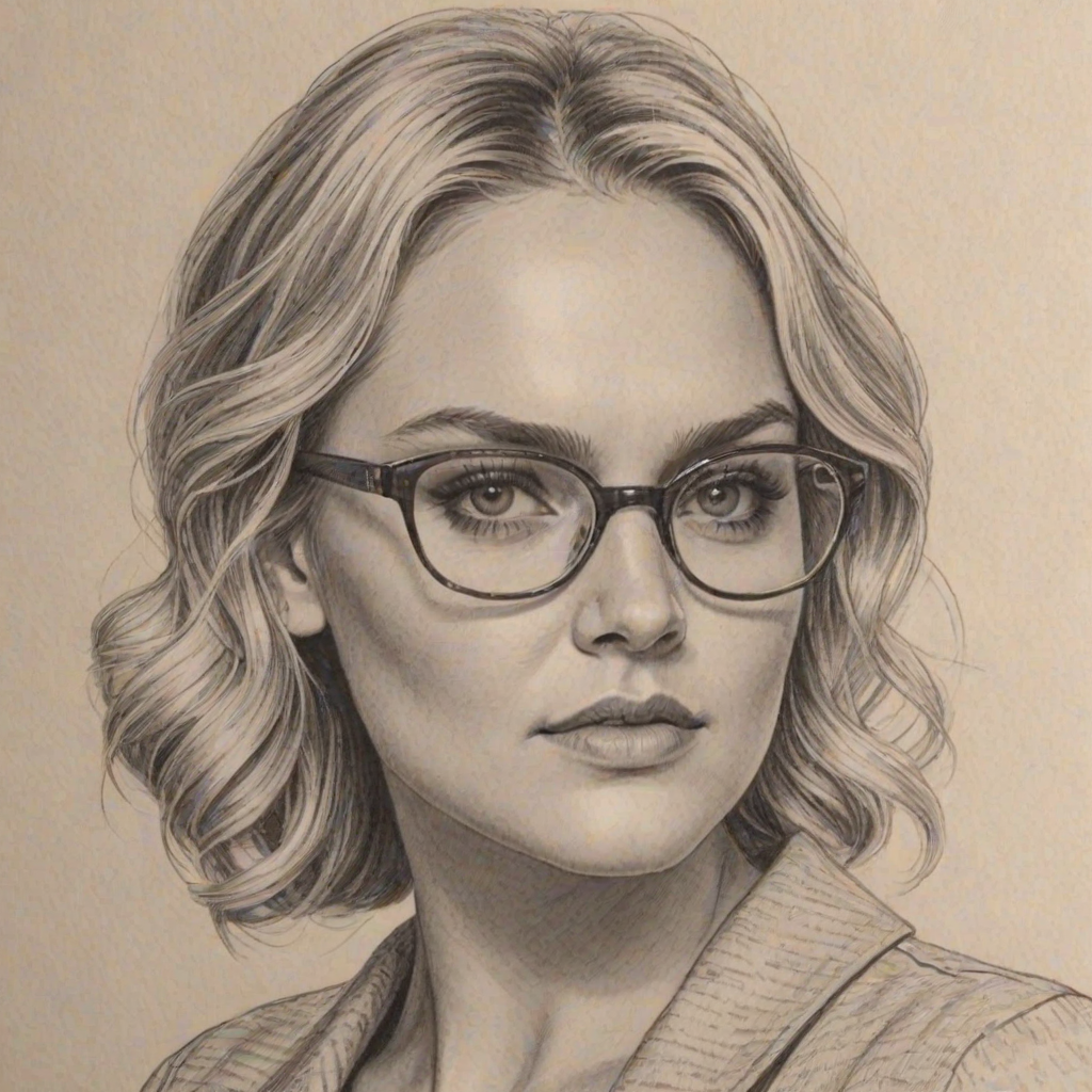 Ravishing Eliza Taylor, pencil sketch, portrait of Elegant woman 1962s in glasses, hair style beatnik, outline, clear lines, fine lines, 8k