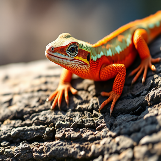 high-quality close-up of a vibrant lizard on a textured log, soft natural lighting, aperture f/4, ISO 100, shutter speed 1/200s, macro lens, DSLR camera, shallow depth of field to blur the background