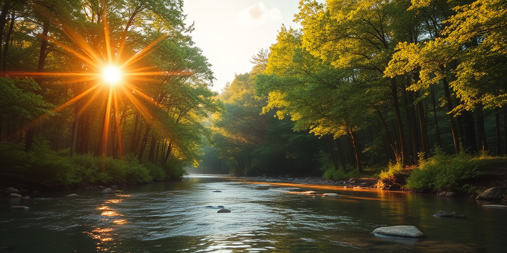 Create an image of a serene, sunlit forest scene with a clear, gently flowing river. Tall trees with lush green foliage line both sides of the river, their leaves bathed in the warm golden light of the setting or rising sun. The sunlight filters through the trees, casting soft, dappled light on the river, which flows over smooth rocks and pebbles, creating a peaceful, natural atmosphere. The sky is bright with a few scattered clouds, and the overall mood is tranquil, evoking a deep sense of connection with nature. The image captures the beauty of a calm, pristine forest landscape at either dawn or dusk.