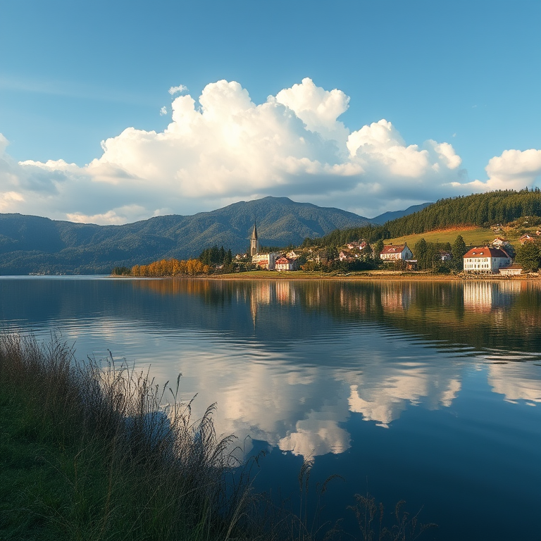 Regenerate a serene lakeside landscape with a charming village in the background, showcasing fluffy white clouds reflecting on calm waters during the daytime, using a DSLR camera at f/8 aperture, ISO 100, 50mm lens, with a wide-angle view and natural lighting to enhance image clarity and color saturation.