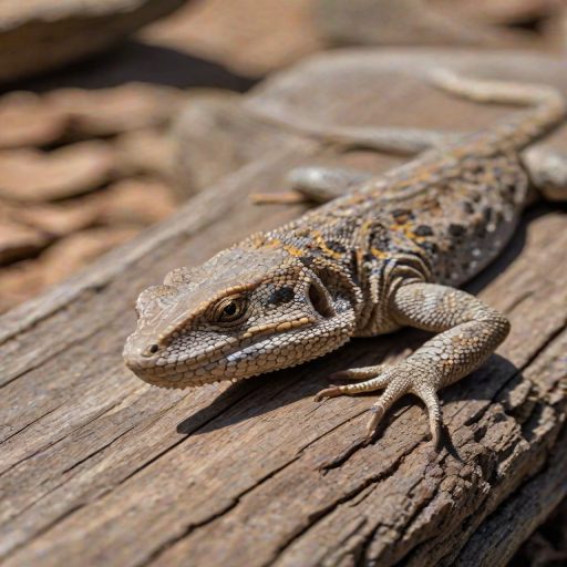 a close-up of a textured lizard resting on a piece of wood, displaying intricate patterns on its skin and sharp claws, with a blurred natural background