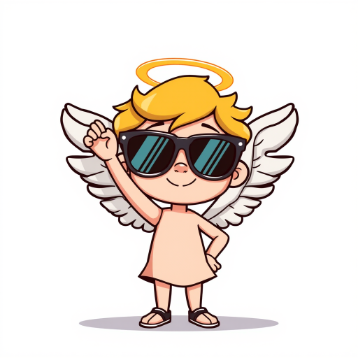 Create an image of a cartoon angel with sunglasses and a halo, standing confidently with one hand raised, using a high-resolution setting of 300 DPI, a close-up view to capture details, in a vector art style, shot with a digital camera.