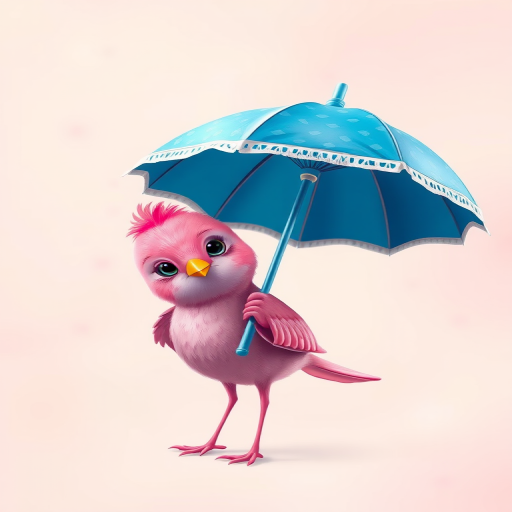 Create a whimsical illustration of a pink bird holding a blue umbrella with white trim, set against a soft pastel background, using a digital art style, shot from a slightly elevated viewpoint, with a focus on vibrant colors and fine details. Use high resolution, soft focus, and a bright lighting setup to enhance the image quality.